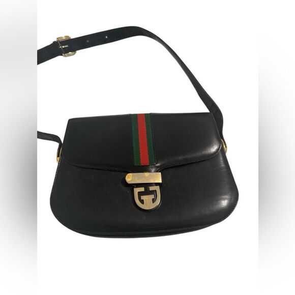 Gucci black leather web accent and gold GG lock shoulder - Picture 4 of 16